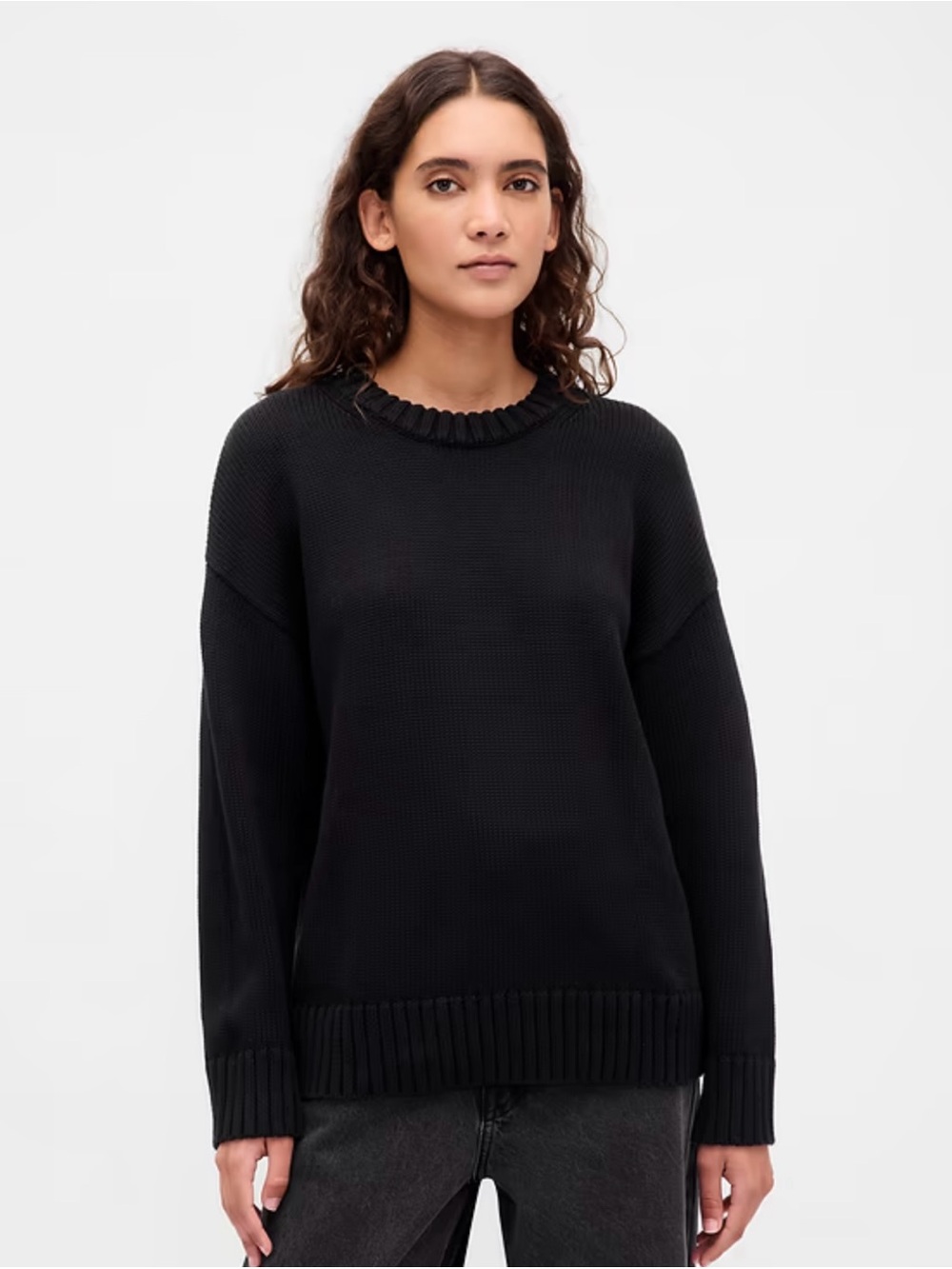 GAP Black Crewneck Ribbed-Hem Sweater